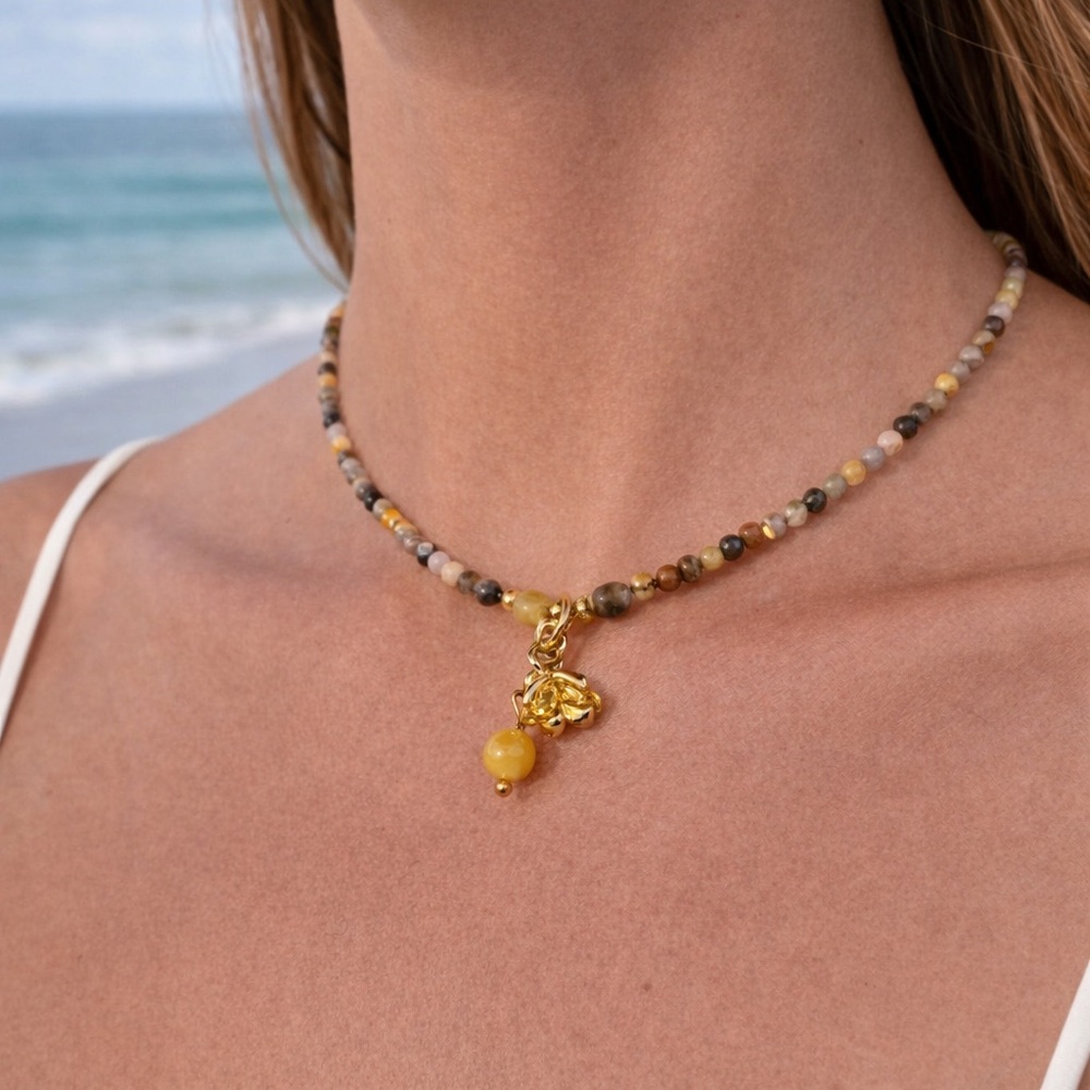 Bumble Bee Jasper Triple Flower Charm Adjustable Necklace & Bracelet